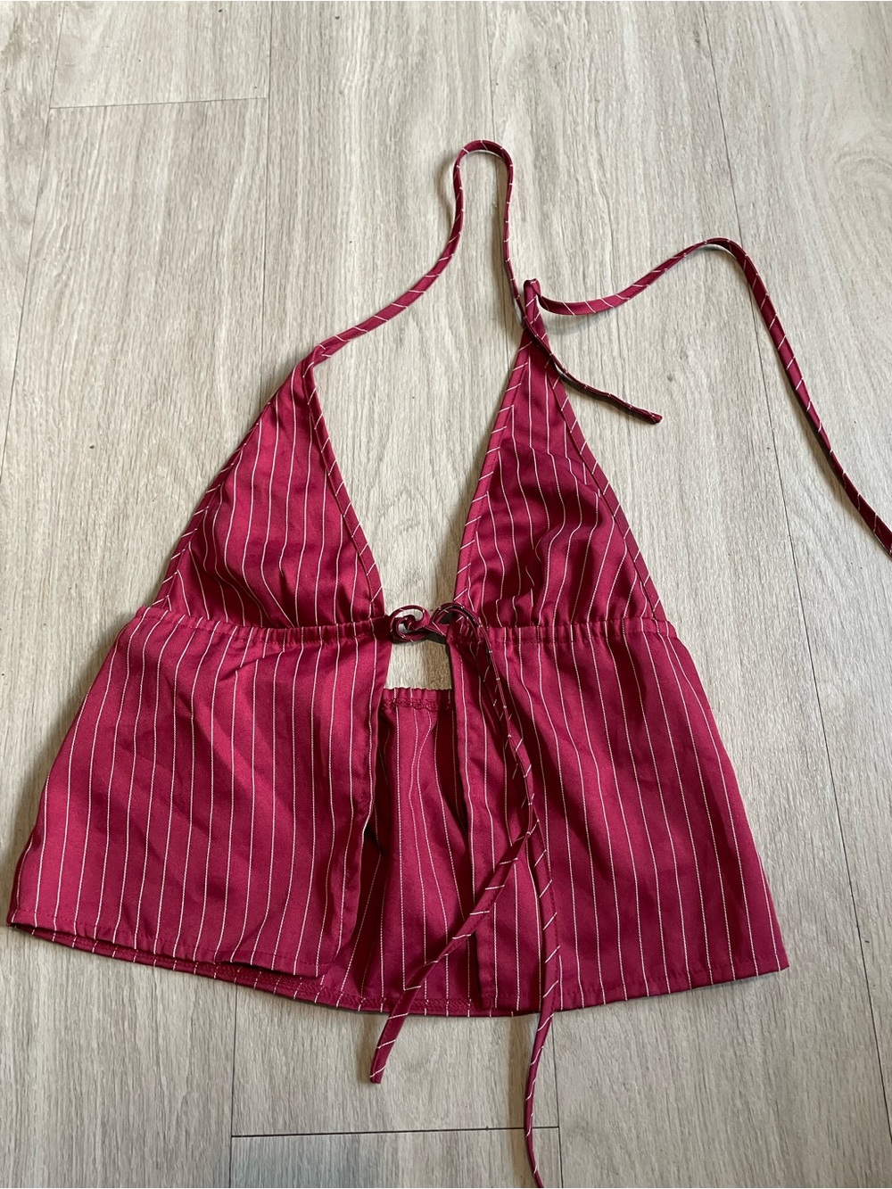 Pinstripe Deep V Halter Crop Top in Burgundy